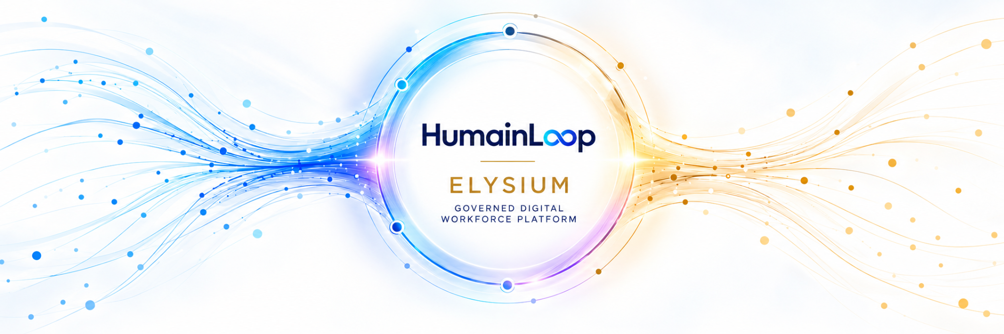 HumainLoop Elysium visual motif connecting intelligence and governed execution