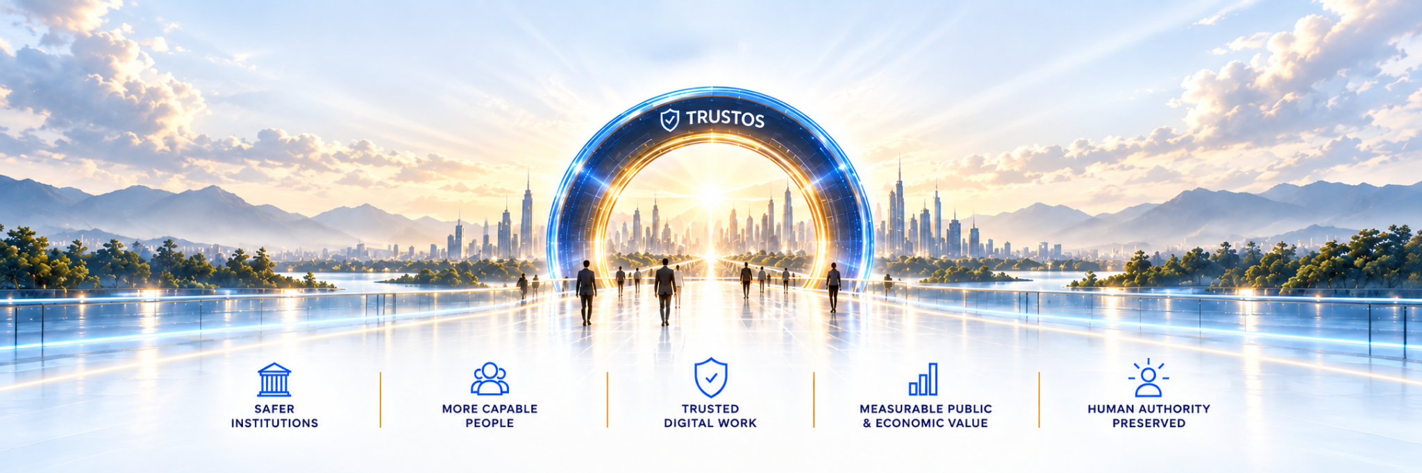 TrustOS North Star with safer institutions, more capable people, trusted digital work, measurable public and economic value, and human authority preserved